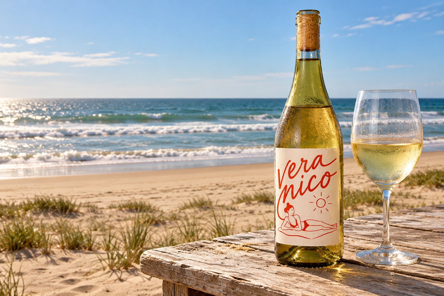 Veranico diante de uma praia inspirada no litoral gaúcho, com dunas e mar aberto